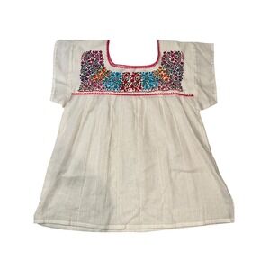 Hand Embroidered Mexican Blouse Multi Flowers Boho Hippie Peasant Puebla Small